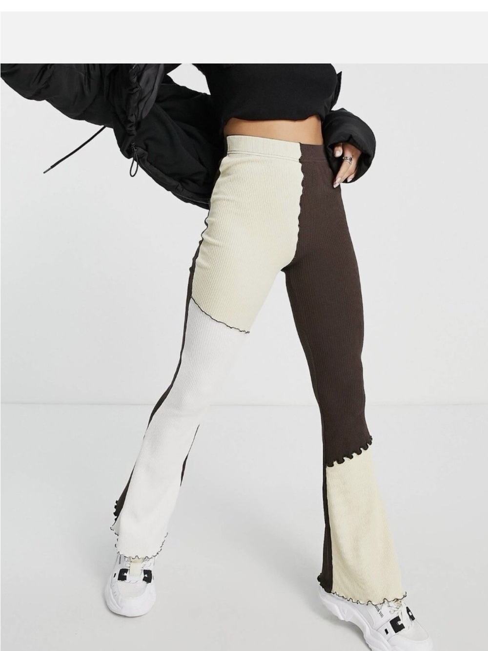 Topshop Ribbed Flared Pants in Cream & Dark Brown
